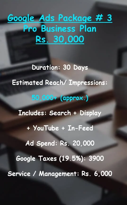 Google Ads Pro Business Plan – Rs. 30,000 for 30 days with 50,000+ reach, includes Search, Display, YouTube & In-Feed Ads.