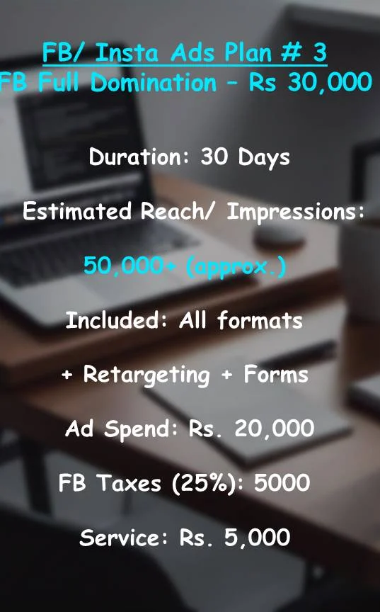Facebook & Instagram Full Domination Plan – Rs. 30,000 for 30 days with 50,000+ reach, includes all ad formats, retargeting & forms.