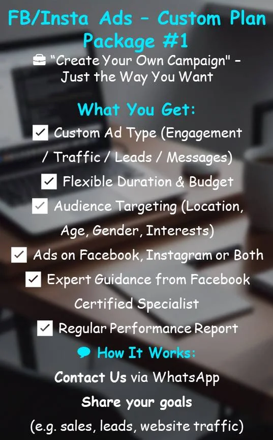 "Facebook aur Instagram ads ke liye customized campaign options, jisme engagement, traffic, leads, aur messages par focus ho."